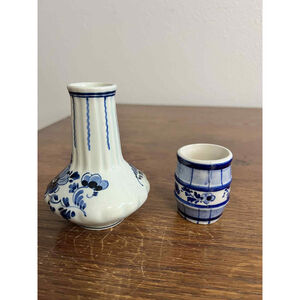 Vintage Hand Painted Delft Blue Vase & Miniature Barrel Cup Holland Pottery Set
